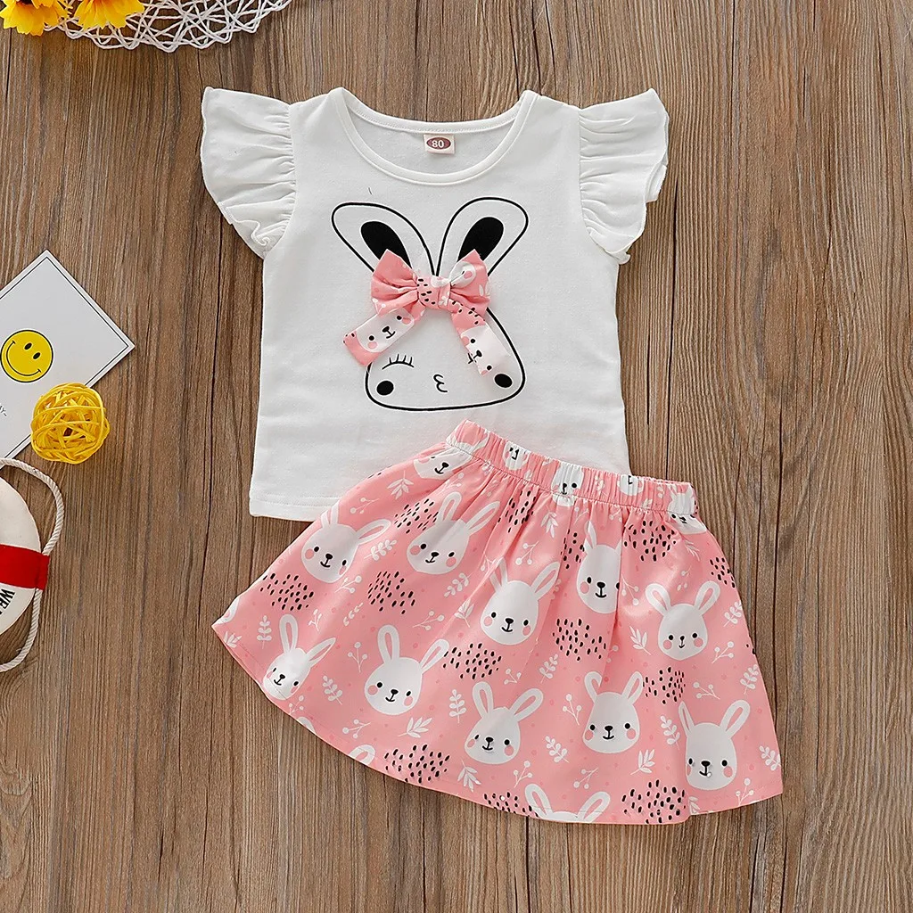  CHAMSGEND Children Kids Girls Fly Sleeve Cotton blend Cartoon Rabbit T-shirt+Tutu Skirt Set fashion