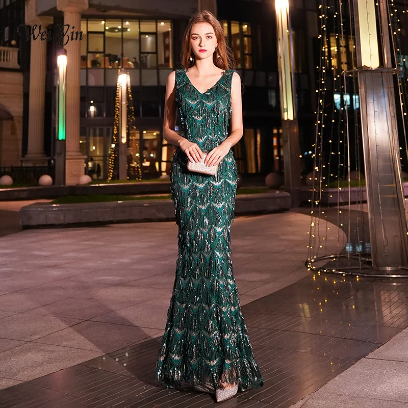 weiyin Green Tasse Evening Dresses Long Mermaid V-Neck Formal Dress Sequined Abendkleider Women robe de soiree longue WY1373