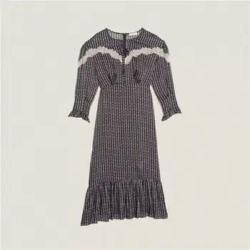 

2020 summer new round neck print laced lace dress