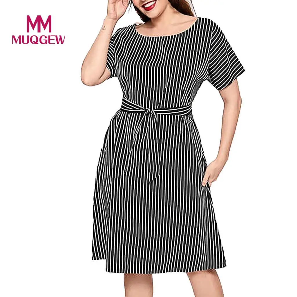 

Fashion Womens O-Neck dresses summer 2019 Stripe Short Sleeve Plus Size A-Line Dress Tie Waist Dress vestido elbise robe45#G8