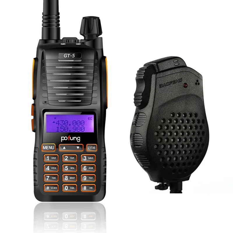 

Baofeng GT-5 VHF/UHF 136-174/400-520 MHz Dual Band FM Ham Two-way Radio Walkie Talkie with Double PTT Speaker