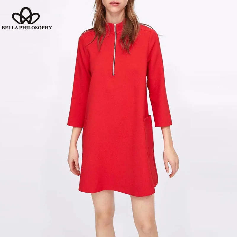 Wonder Women Spring Long Sleeve Mini Dress Vintage Stand Zipper Female Straight Dress Casual Street Wear Ladies Pockets Dress