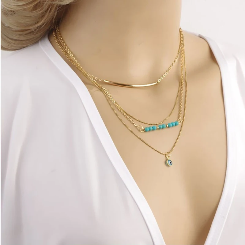 Bohemia Layer Metal Chains Choker Necklace For Women Cute Alloy Geo