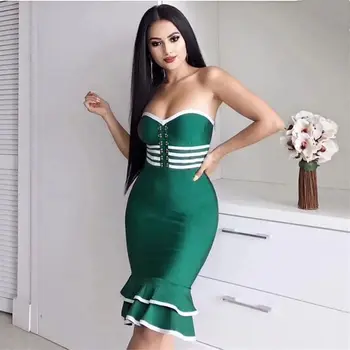 

2019 Mermaid Dress Sexy Celebrity Backless Elegant Striped Ruffles Women FashionSleeveless Night Club Body con Dresses Wholesale