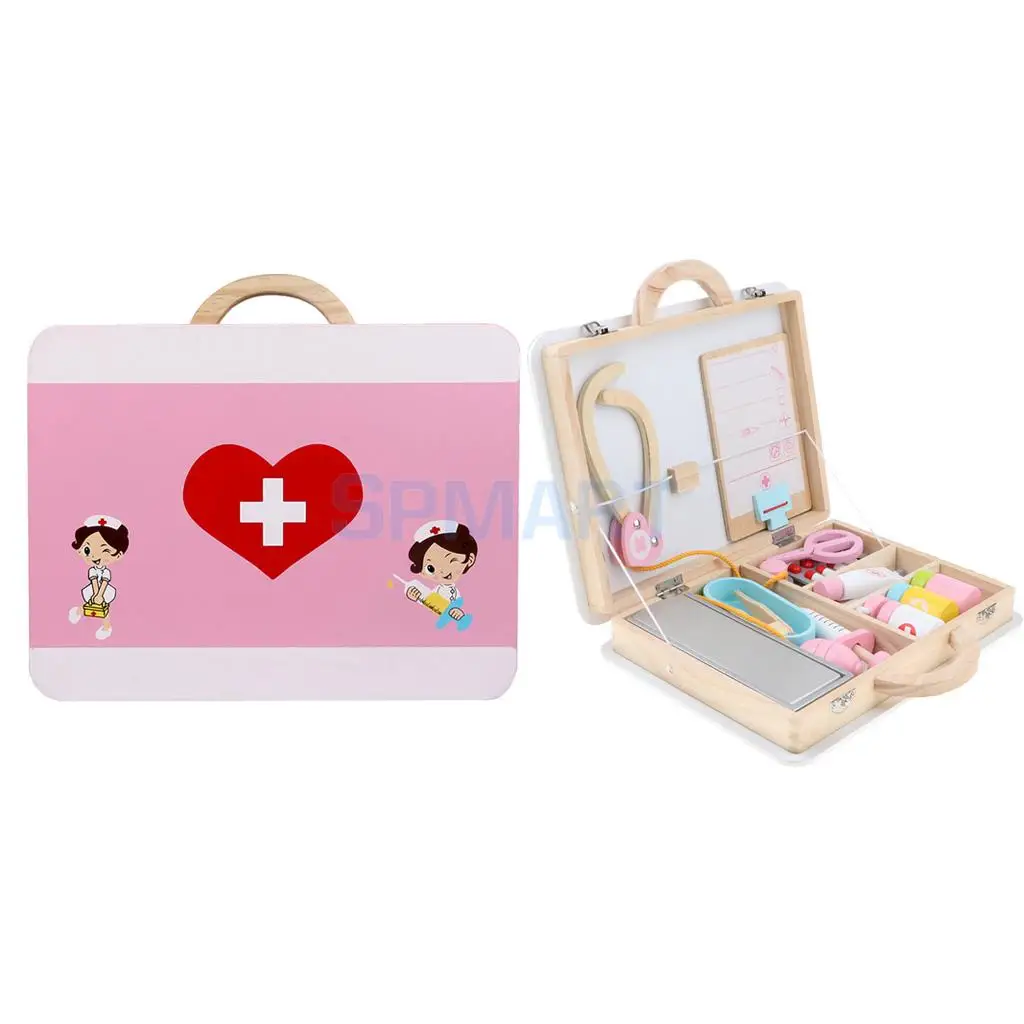 15 Pieces Wooden Doctor Nurse Medical Box Carry Case Suitcase Children Role Playing Set Kids Early Educational Toy Play Activity