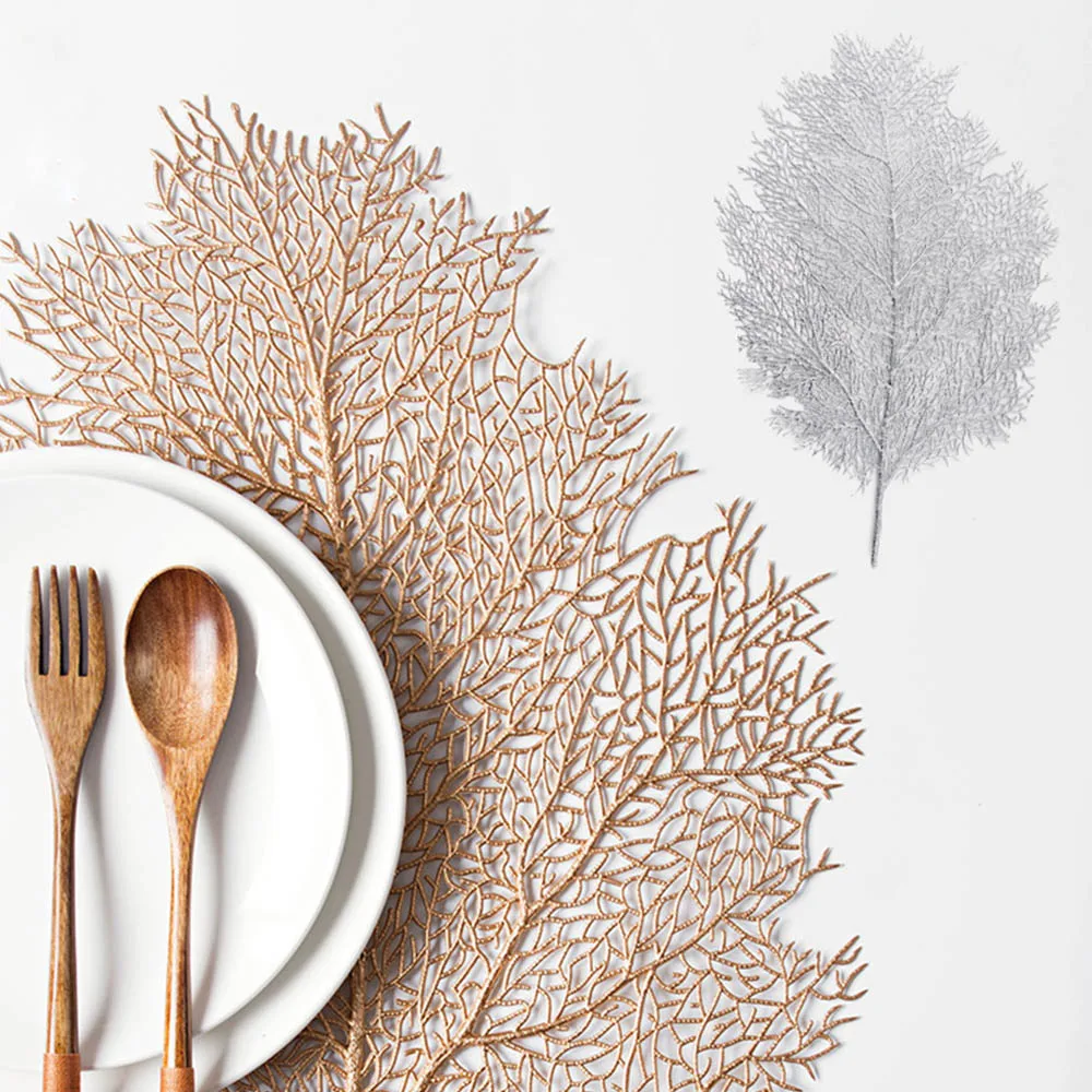 

Creative Coral Leaf Plastic Placemat Milk Coffee Cup Mats Pads Gold Silver Heat-insulated Non-slip Table Mat Home Decoration