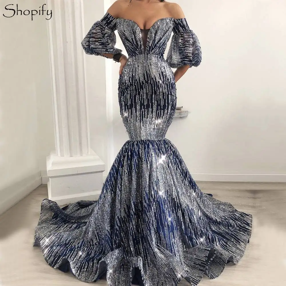 Длинные блестящие вечернее платье г. пикантные Русалка с коротким рукавом блестящие abendkleider темно синие для женщин вечерние платья robe de soiree