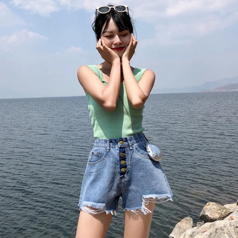 New Summer Denim Shorts Cotton Women Vintage High Waist Hole Denim Shorts Loose Harajuku Irregular Denim Hot Pants Female