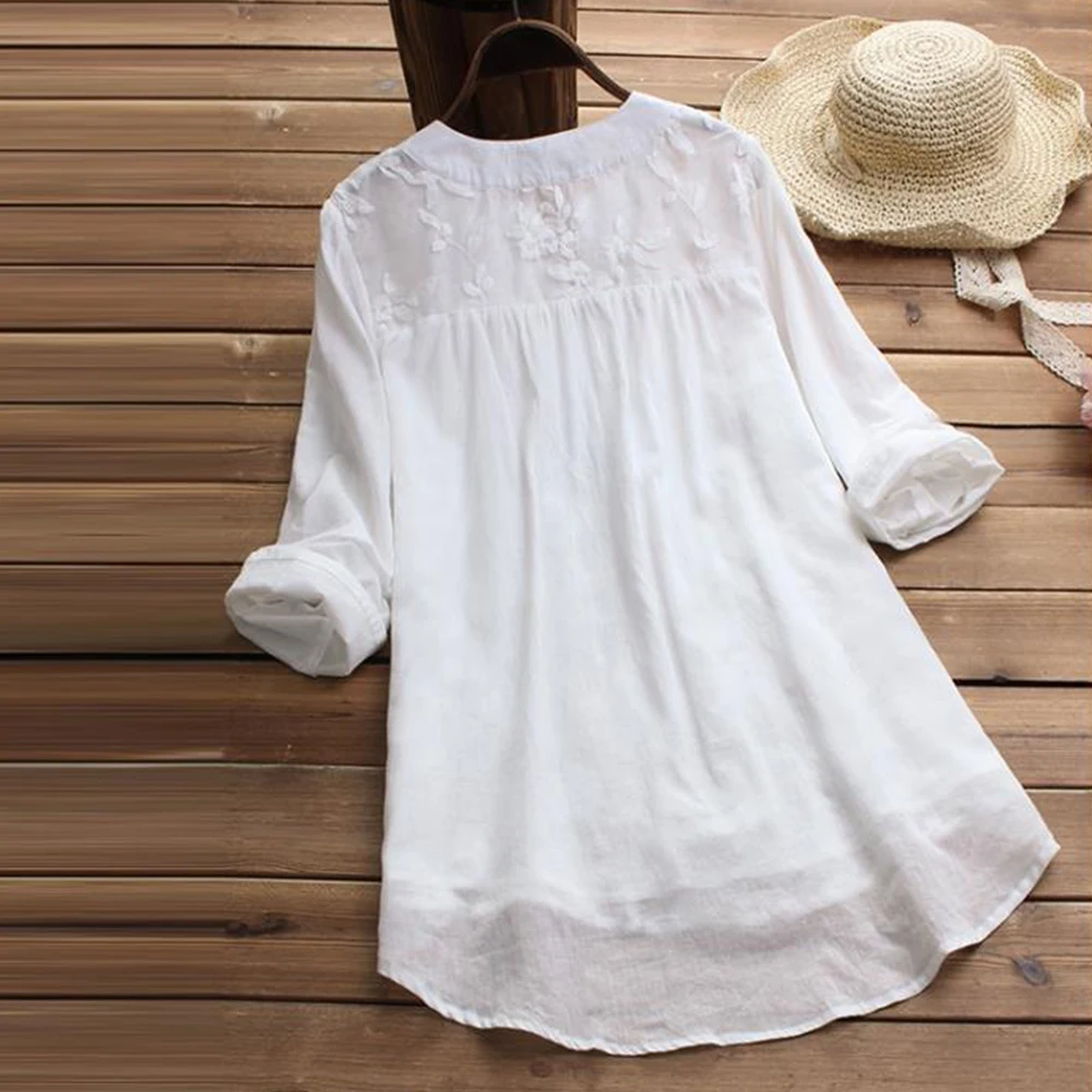 Embroidery Women's White Blouse Casual Plus Size Tops Elegant V-Neck Long Sleeve Tunic Summer Autumn Floral Print Women's Shirt
