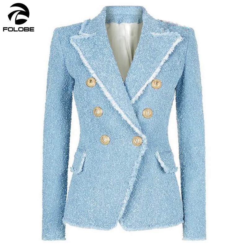FOLOBE Women Blazers 2020 Spring Fashion Blue Jackets Double Breasted Tassel Coats Long Sleeve slim Elegant Office Lady Blazer
