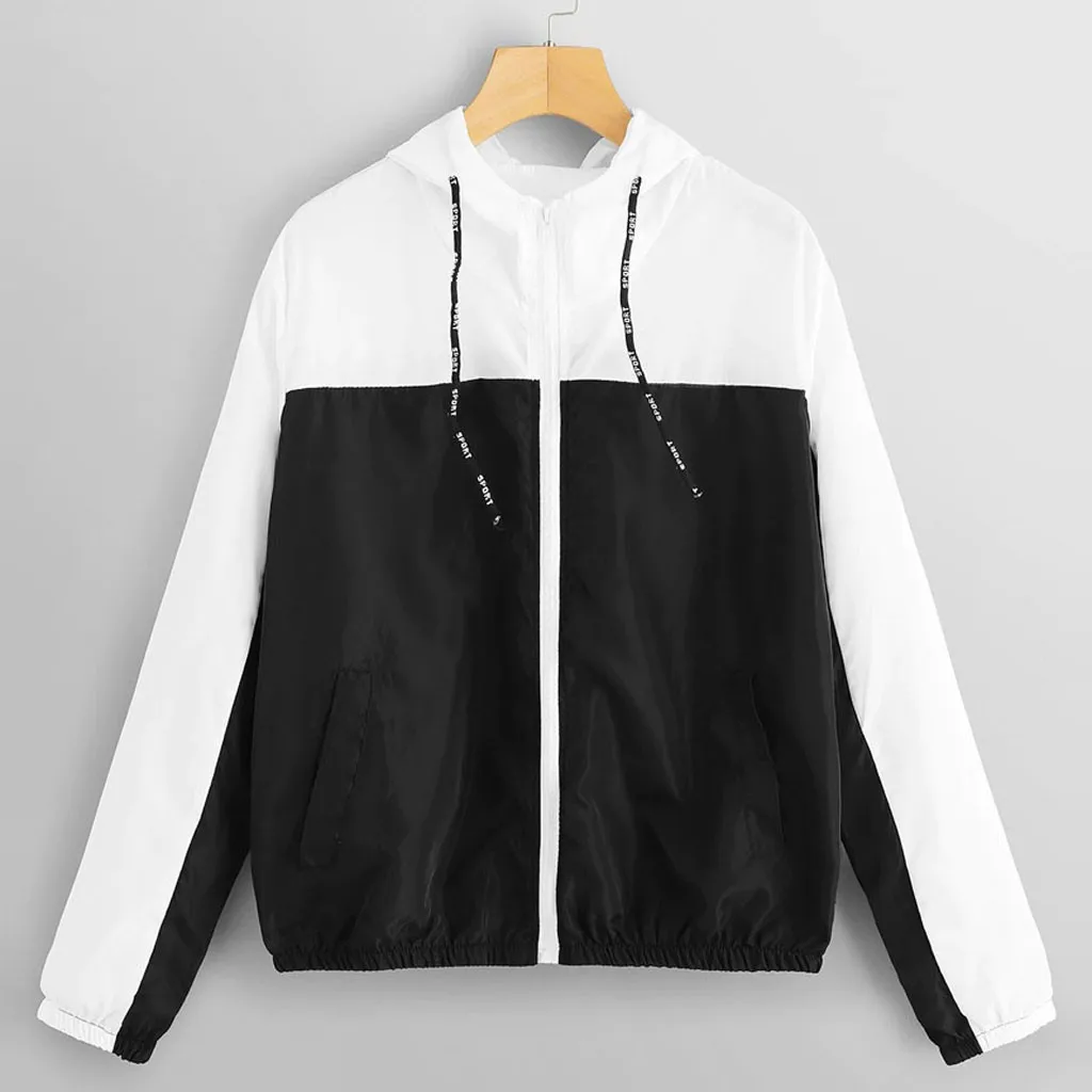 

Women Long Sleeve Patchwork Thin Skinsuits Hooded Zipper Pockets Sport Coat