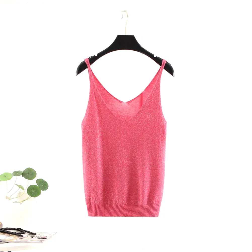 Watermelon Red Женский сексуальный трикотажный топ на бретелях, жилет с блестками, v-образный вырез, однотонный, фитнес, жилет Топ, KNG88 - Цвет: Watermelon Red