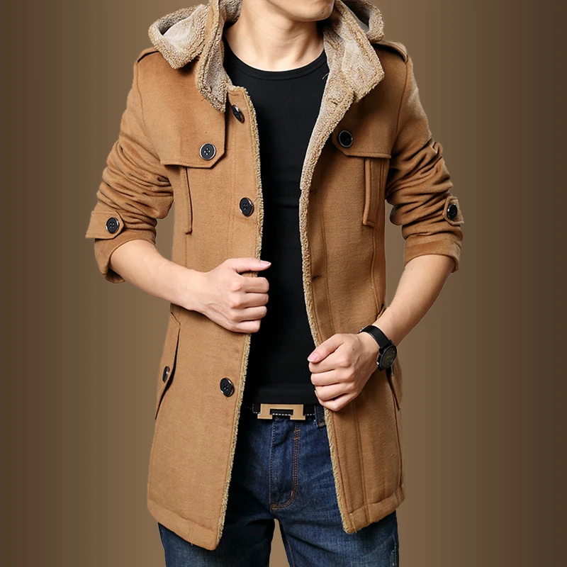 

WOQN Trench Coats Men 2017 Winter Fashion Men Thick Jackets Fleece Slim Fit Hooded Trench Coat Long Casual Jackets Men Plus Size
