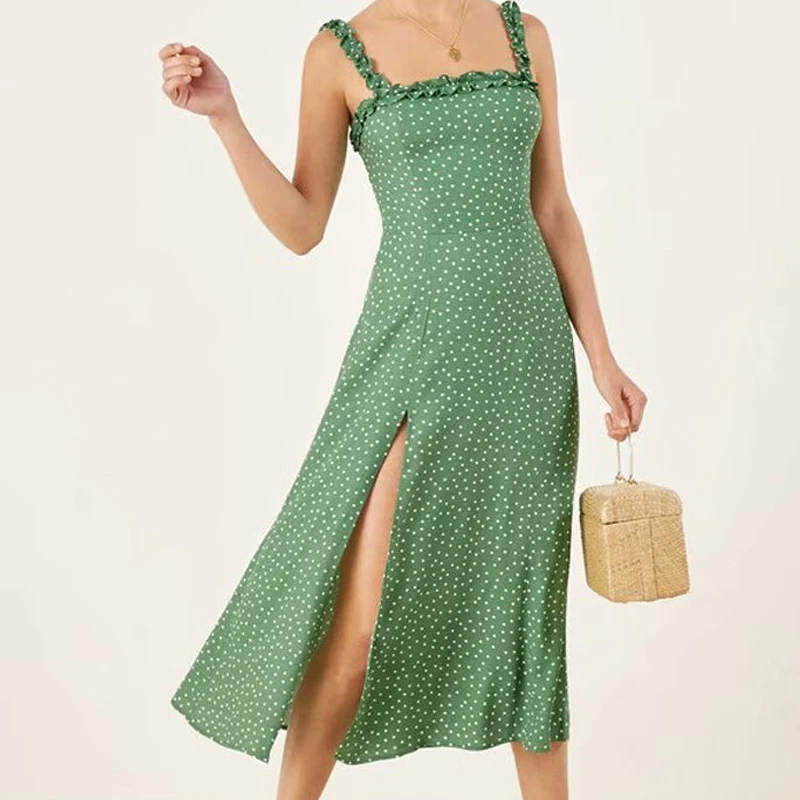 

Summer women dress casual dot printing harness Slim dress lotus leaf decoration Vestidos