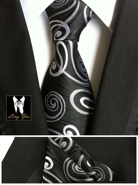  8cm Men Formal Neck Ties Set with Handkerchief Black with White Classic Paisley Gravata Sets