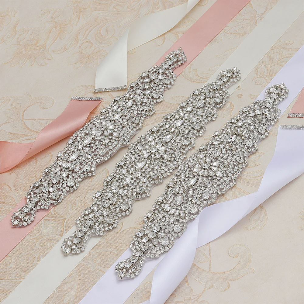MissRDress Luxury Rhinestones Wedding Belt Big Size Crystal Bridal Sash Silver Diamond Bridal Belt For Wedding Long Dress JK859