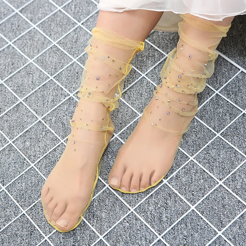 Новые блестящие сетки Стразы звезды Для женщин Носки для девочек модные короткие носки Harajuku мягкой дамы Смешные Носки для девочек прозрачные эластичные Эротические чулки для женщин