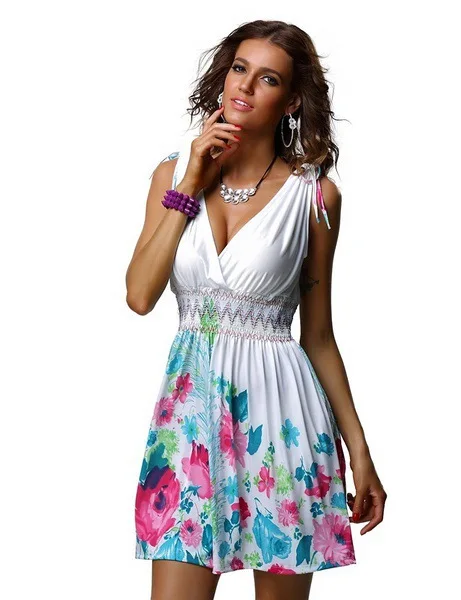Женские богемные пляжные платья, сексуальное платье без рукавов с глубоким v-образным вырезом, милое тонкое белое летнее платье с цветочным принтом NS3924 - Цвет: white