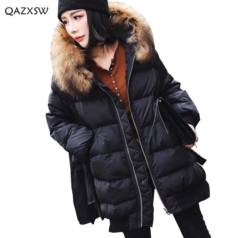 Koop QAZXSW 2018 Nieuwe Winter 90% Down Jas Vrouwen Hooded Full Grote Bontkraag Jas Lange Dikke Warm EEN Versie Grote size Buitenste LA003