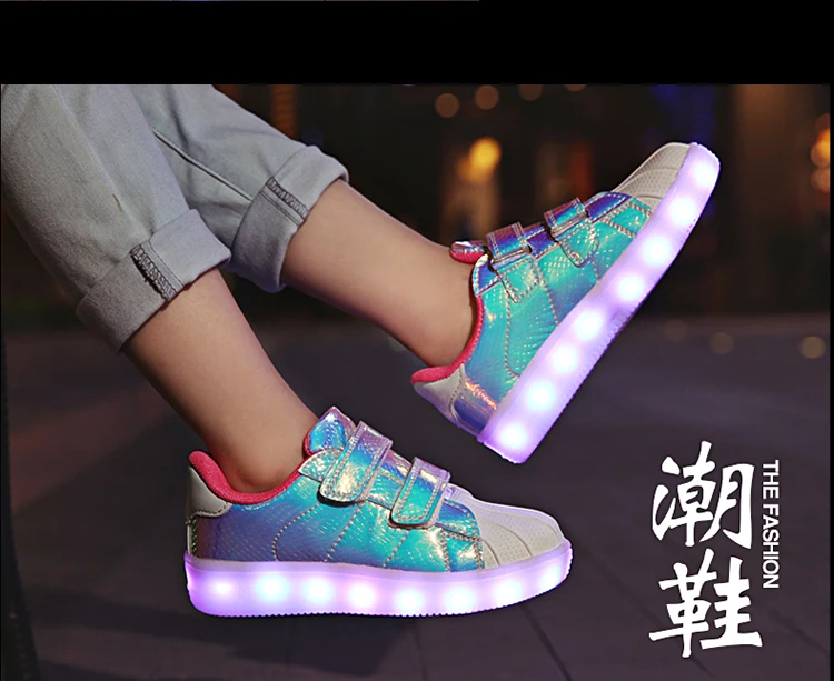 Новые розовые детские светодиодная USB зарядка светящиеся кроссовки детские hook loop модная светящаяся обувь для девочек мальчиков Мужчины Женщины#25-36