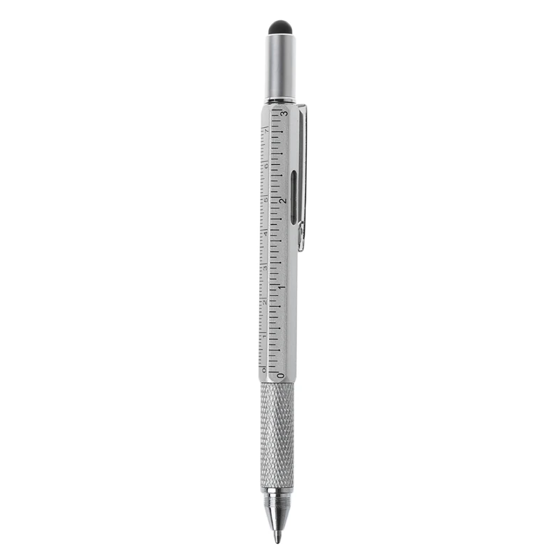 6 в 1 металлическая ручка многофункциональный инструмент, шариковая ручка отвертка линейка спиртовой уровень - Цвет: Серебристый