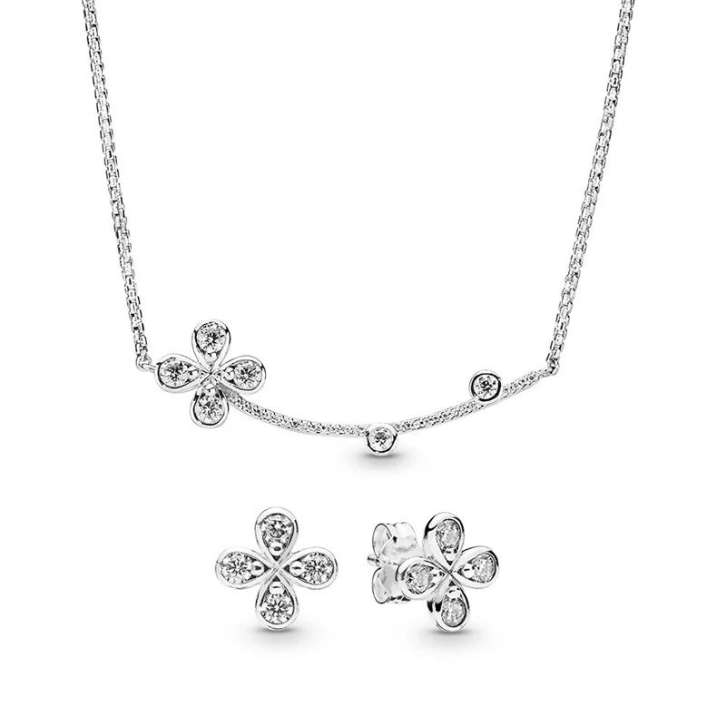 

Clear CZ Four Petal Flower Spring Jewelry Sets Women Necklaces & Earrings Fashion Femme Choker Statement Necklace & Stud Earings
