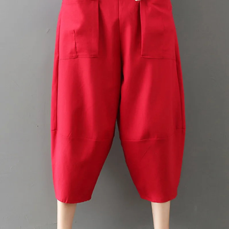 #0656 Summer Casual Cotton Linen Wide Leg Pants Women Front Pockets Elastic Waist Calf-length Plus Size Harem Pants Female Loose #0656 Summer Casual Cotton Linen Wide Leg Pants Women Front Pockets Elastic Waist Calf-length Plus Size Harem Pants Female Loose
