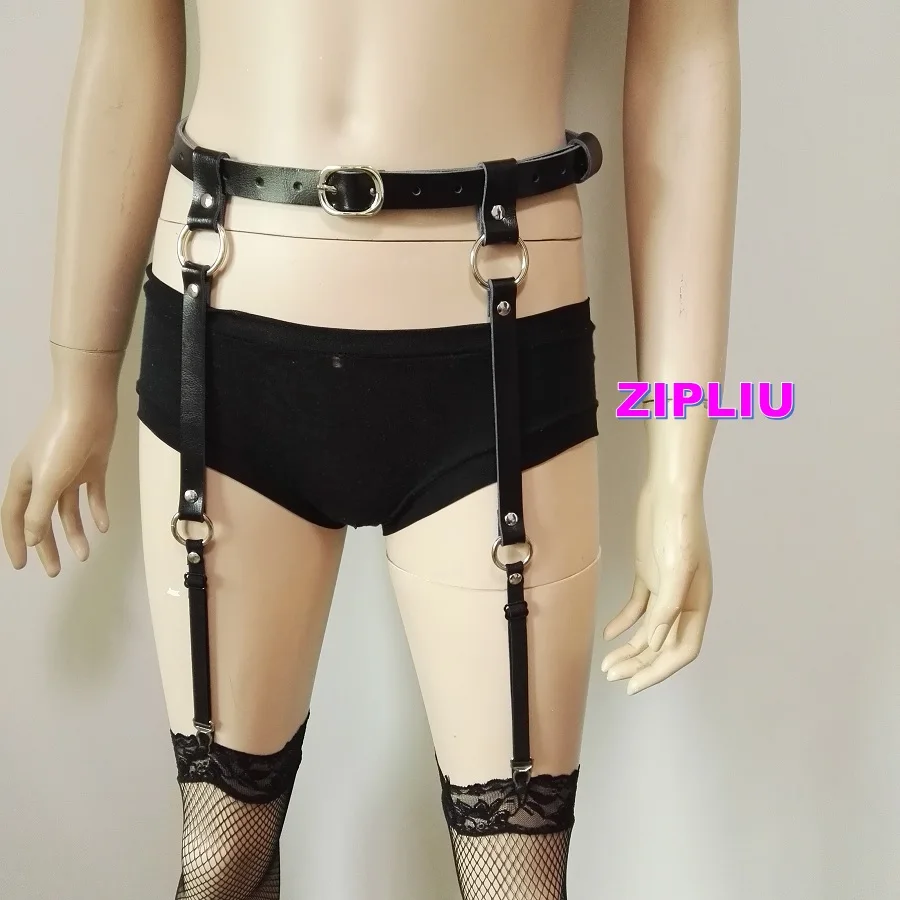 

Women Harajuku Fashion Silver Metal Punk Leather Garter O-round handmade Two Lines Stocking Suspender Waistband Goth waist belt