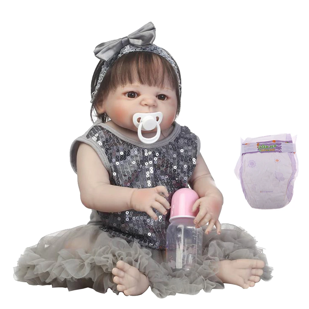 

22inch Lovely Silicone Realistic Reborn Baby Girl Doll Model with Brown Eyes Kids Gift