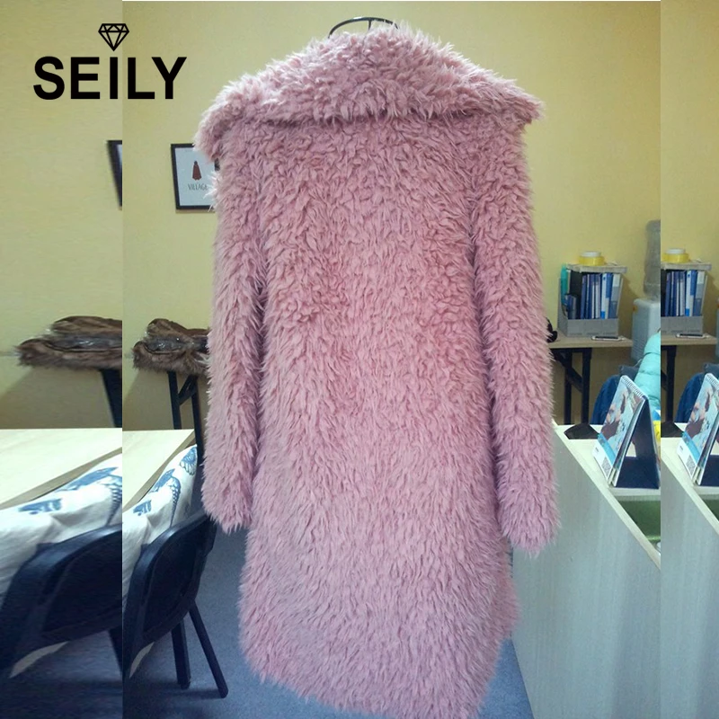 Seily Winter Luxury Pink Long Sleeve Faux Fur Fluffy Jacket Plush Fake Lamb Wool Fur Turn Down Collar Furry Coat Women Cardigan