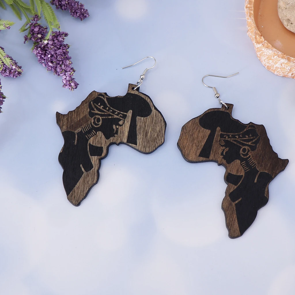 MagiDeal Chic Wooden African Map Women Figure Earrings India Lady Tribe Hook Earring