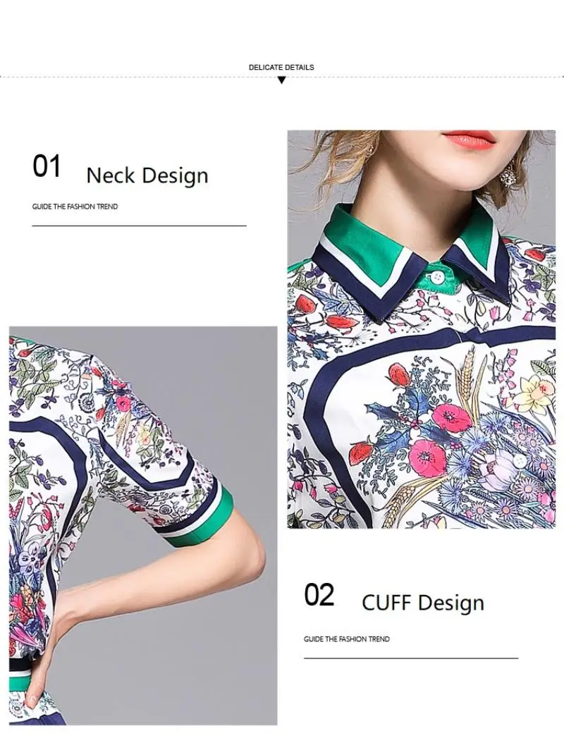 European women's wear 2018 The new summer With short sleeves lapel Stripe edge Floral print shirt + Pleated skirt  printing suit