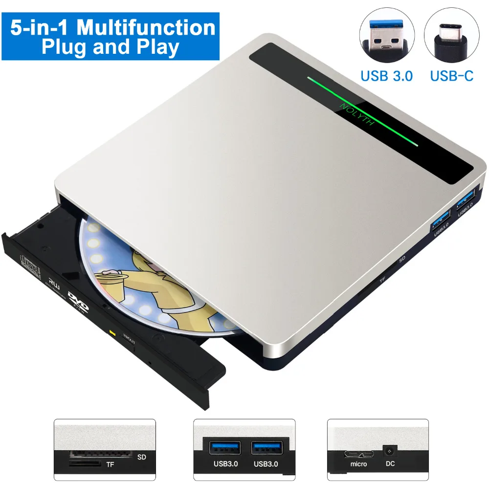 5-в-1 внешний CD DVD проигрыватель дисков горелка для ноутбука/MacBook/Windows/PC поддерживает SD TF карты/USB3.0 передачи