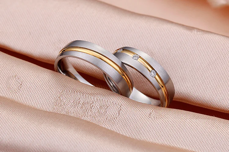 Lover's золотистое кольцо линия матовый нержавеющий отделка Обручальное кольцо 3 циркония пара Alliance Помолвочное Драгоценное кольцо