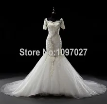 Mermaid Off Shoulder Real Photos Wedding Dress Sweep Train Half Sleeves Luxury Tulle Bridal Gown With Pearls And Beadings AS41