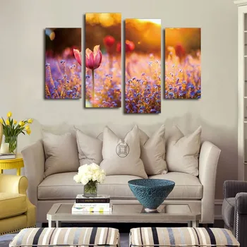 

Canvas Painting Wall Art Module Picture Flowers For Living Room Cuadros Decoracion Oil Painting Beautiful Lavender&Tulip Grass