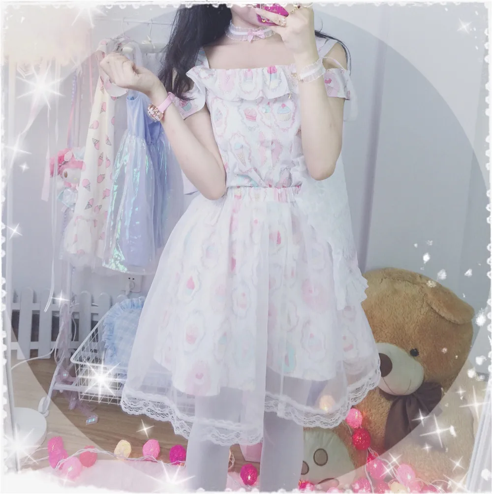 

Cupcake Ice Cream Printed Women's 2PCS Set: Off-shoulder Tops T-Shirt +gauze Bubble Skirt Fancy Lotila Sexy Cute