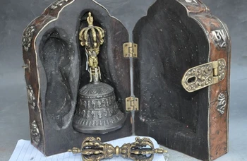 

14" Collect Rare Old tibet buddhism bronze Phurpa budha head Bell Zhong Wood Box