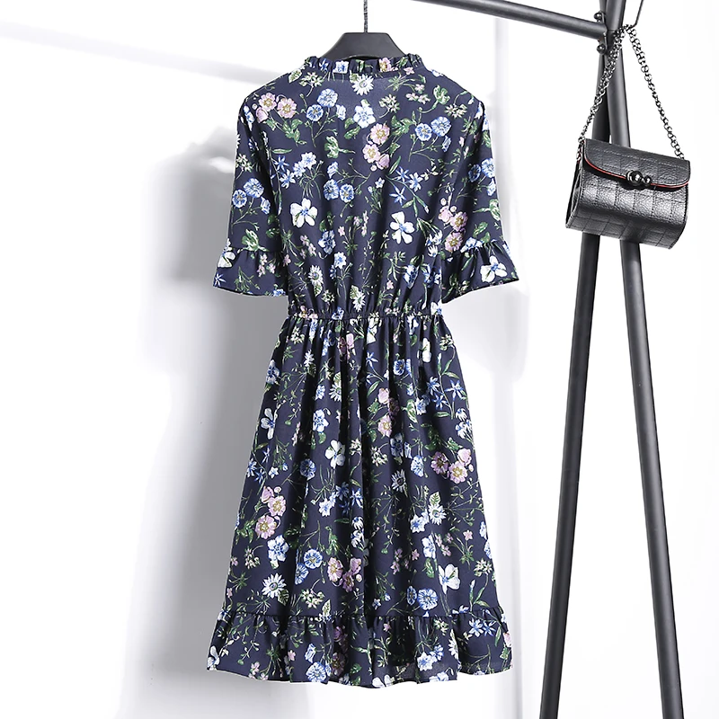 2018送料無料新ファッション花柄シフォンサマードレス甘い薄いスリム女性のワークウェアプリントドレスカジュアルかわいいホット