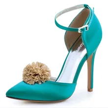 HC1602 Teal Ivroy Women Bride Bridesmaids Dress Court Pumps Pointed Toe D’orsay Stiletto Heels Buckle Satin Wedding Bridal Shoes