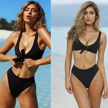 

2018 New Sexy Women Bowknot Halter High Waist Bikini Set Swimwear Push-Up Padded Bra Swimsuit Solid Two Pieces Beachwear w051#