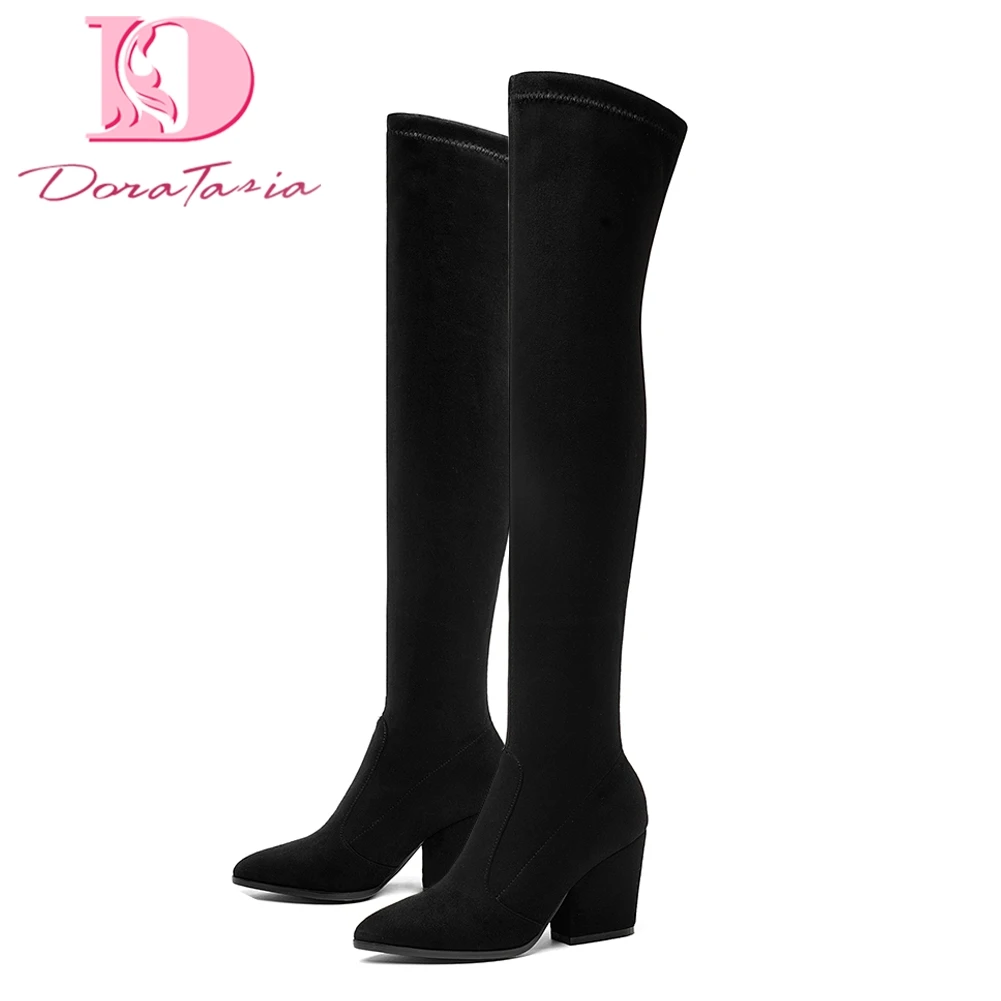 

DoraTasia 2018 Women Over The Knee High Boots Hoof Heels Winter Shoes Pointed Toe Sexy Elastic Fabric Women Boots Size 34-43