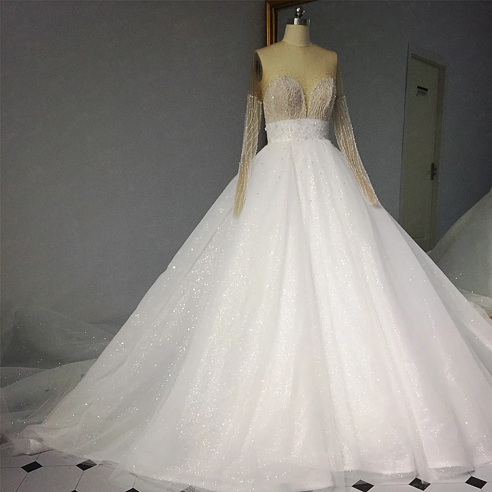RSW1427 Роскошные шикарные свадебные платья с длинным бантом из ленты с длинными рукавами Иллюзия сзади блестящее свадебное платье