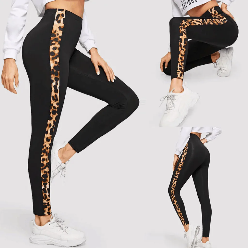 

2019NEW Women's Side Leopard Pattern Stitching Tight Stretch Running Fitness Pants seamless ombre leggings gymshark legence