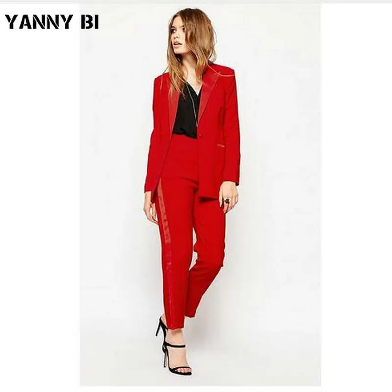

Two Piece Sets Red Formal Pant Suit Slim Uniform Design Women Business Suits Blazer For Work Autumn Wear Female Trouser Suit