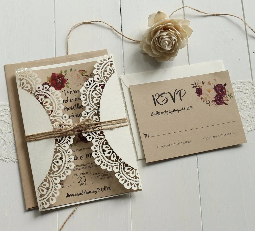  Off White Lace Wedding Invitations Set RSVP Cards Included Rustic Kraft Paper Invitation Cards - Se - 32857479886