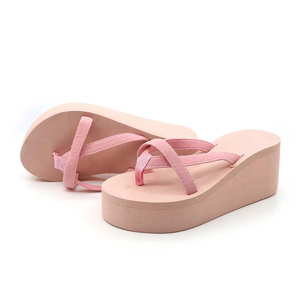 

CHAMSGEND Women's Solid Color Beach Flip-Flops Highheeled Wedges Thick-bottomed Flap Sandals Casual Seaside Vacation Beach Shoes