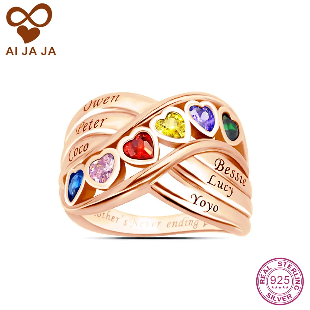 AIJAJA 925 Sterling Silver Personalized Family Heart Stone Mom Rings Personalized Names Engraved