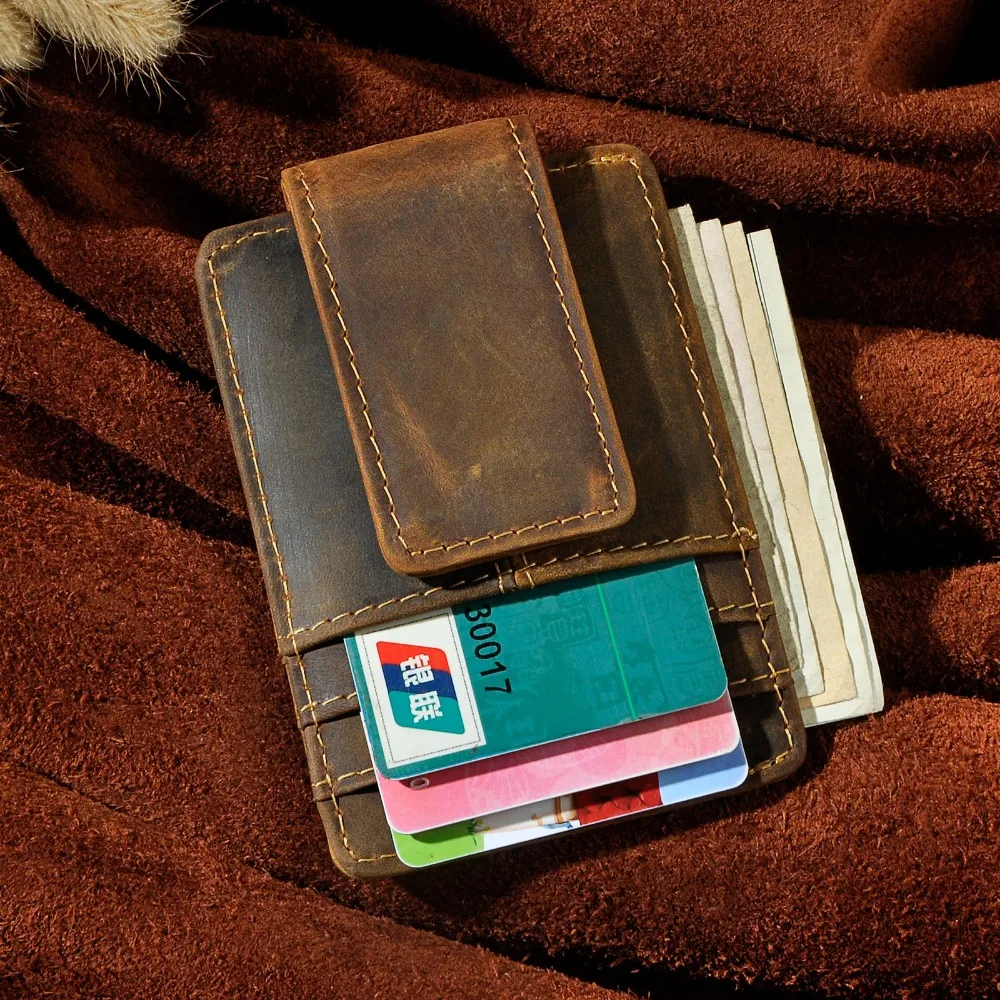 Крупный рогатый скот мужской из натуральной кожи кредитные карты Наличные Бумажник магнитный зажим для банкнот тонкий мини удобный кошелек передний карман кошелек для мужчин 1017d