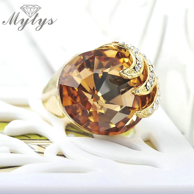 Mytys шампанское роскошное кольцо спиральная форма проложить Установка кристалл желтое золото GP коктейльные кольца для женщин R410